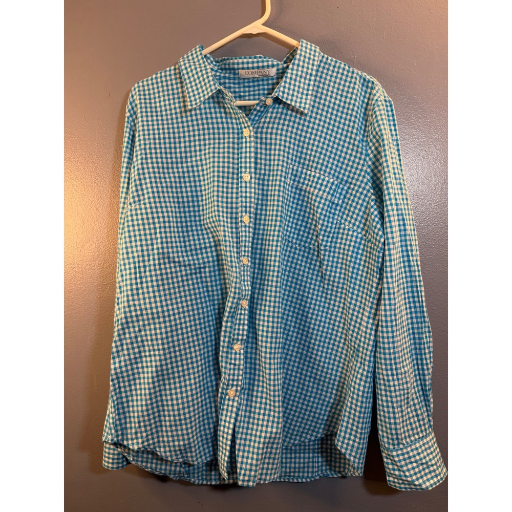 Company Ellen Tracy Mens Turquoise Gingham Long Sleeve Button Down Shirt